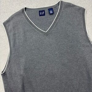 Vintage 90s GAP Sweater Vest Mens XL Gray V Neck Cotton‎ Knit Contrast Hem